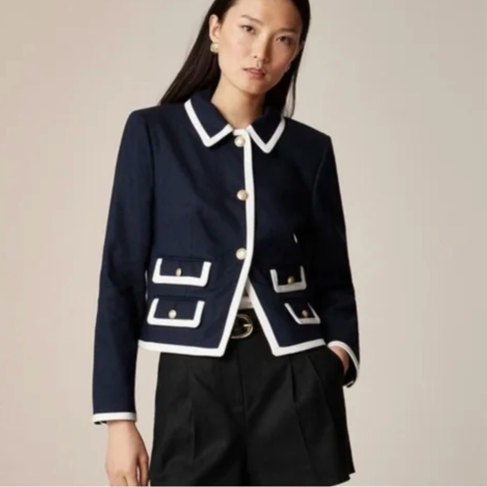 J. Crew Lucie lady jacket in stretch linen blend 8 Navy White New with Tags $268